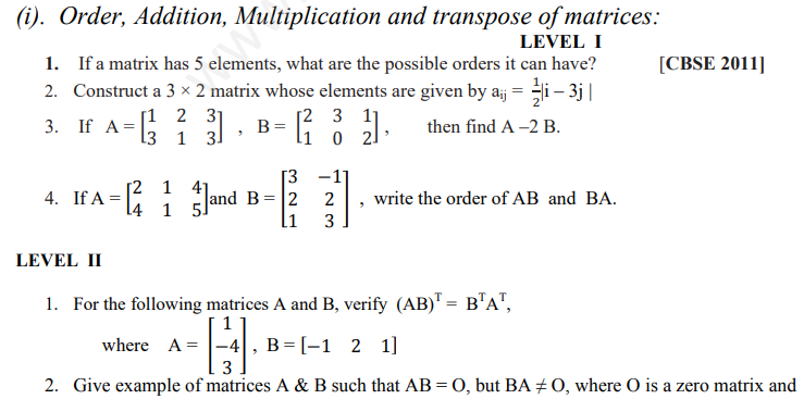 assignment on matrices class 12